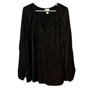 Ava & Viv Black Balloon Sleeves Tie V-Neck Blouse